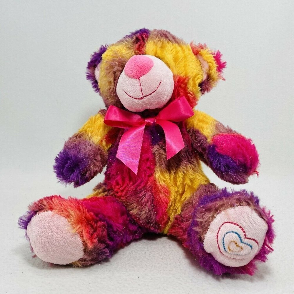 Kellytoy Colorful LGBT Rainbow Bear Plush 10” Sitter Pink Bow Heart Love Smile